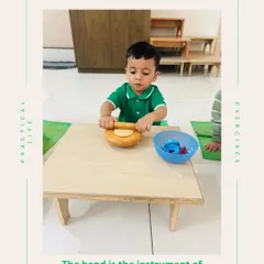 The hand is the instrument of intelligence. Here, one of our youngest learners uses a rolling pin, a real tool for a real task. This practical life exercise builds coordination and strength, but more importantly, it fosters a sense of capability and independence.