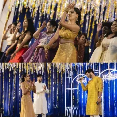 A collage from a magical sangeet night, featuring unique couple entries, games, and epic performances from both the bride's and groom's sides.