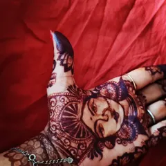 A design created for Navratri, celebrating the divine feminine. The portrait of the Goddess is shaded to show the two sides of life, light and dark, reminding us to find the light within.