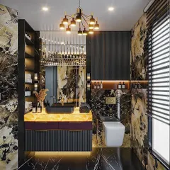 This guest bathroom is designed to impress, with dramatic black and gold Patagonia marble walls. A modern chandelier and a sleek, wall-mounted toilet complete the luxurious and timeless design.