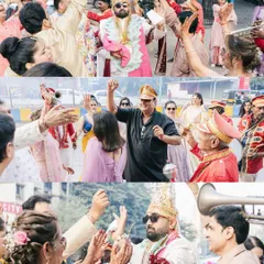A collage capturing the high energy and celebration of the groom's Baraat, with friends and family dancing in the street.