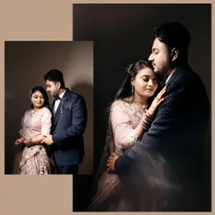 This collage showcases a classic studio portrait session. The soft, diffused lighting and the couple's close embrace create a timeless and romantic feel, perfect for an engagement announcement.