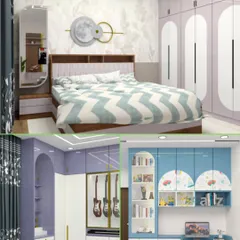 A collage showing different design elements for kids' rooms, from wardrobes with unique shapes and colors to themed decor and functional study areas.