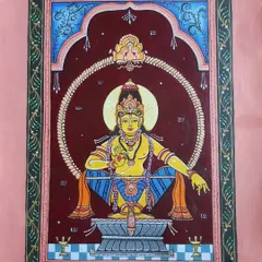 This is a Pattachitra painting of Lord Ayyappa, showcasing the distinct features of the art form. Note the bold lines, natural colors, and decorative borders.