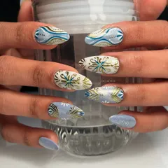 Another angle of these detailed Navratri press-ons, showing how the gold, white, and blue patterns work together. I love creating custom sets like this that you can apply just for the event.