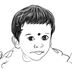 A clean, black and white digital line art portrait of a baby girl. This style is simple yet expressive, focusing on her innocent eyes and features.