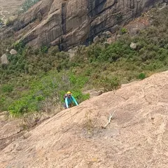 Exploring the nine-pitch, 300-meter "Naatu-Naatu" route at Bananthimarri Betta. This massive granite dome offers incredible multi-pitch adventures with stunning views.