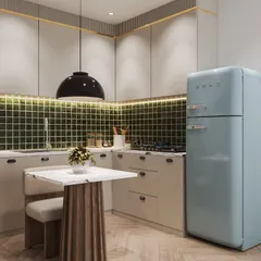 A bright and cheerful studio apartment kitchen. This 3D render combines retro-style appliances with modern green tile and neutral cabinets, perfect for visualizing small-space solutions.