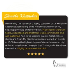 This testimonial highlights a patient's successful journey treating heavy pigmentation and scarring with a combination of Morpheus8 and PRP. My goal is to listen to your concerns, explain the treatment process clearly, and help you regain confidence in your skin.