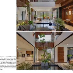 Our project "Belaku" was featured in a publication on contemporary Indian houses. This spread showcases the central double-height courtyard with its peaceful water body and lush greenery.