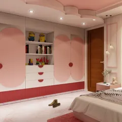 This children's bedroom uses a palette of pinks and whites with playful, organic shapes on the wardrobe doors and ceiling. The design is modern and fun, with integrated shelving for books and toys.