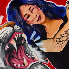 A section of a pop-art inspired painting, showing a woman with blue hair next to a roaring tiger. The style is graphic, with a bold red background.