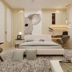 A 3D design for a kid's room with a playful koala mural. The design incorporates a built-in study desk with overhead storage and a wardrobe with modern, clean lines.