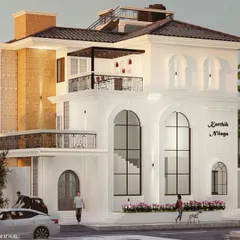 An architectural render for an upcoming residence in Hubli, where we are exploring a European-inspired style. The design features classic arches, wrought-iron balconies, and a clean white facade to create a timeless and elegant villa.