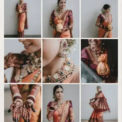 A celebration of the South Indian bride. This collage is a detailed look at her stunning bridal attire, from the intricate temple jewelry and beautiful henna to the elegant drape of her silk saree.