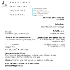 Here are the details for our Weekend Dance Development Foundation Programme. This 12-week course covers Salsa, Jive, Bachata, Swing, and more, with a performance showcase at the end to celebrate your growth.