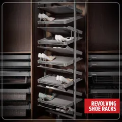 A detailed look at the revolving shoe rack integrated into a custom wardrobe. This solution is perfect for utilizing corner spaces or tall cabinets, holding numerous pairs in a compact footprint.