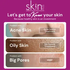 An image illustrating the common skin problems I address. It highlights my targeted solutions, including Acne Buster Treatment for acne, Oil Control Treatment for oily skin, and MNRF for large pores.