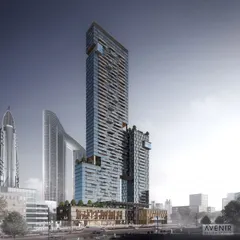 A photorealistic 3D exterior render of a skyscraper concept in Dubai. This daytime view highlights the building's complex glass facade and its integration into the existing urban skyline, demonstrating our ability to handle large scale architectural projects with precision.