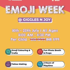 A detailed look at Emoji Week at Giggles N Joy. These events include specific activities like emoji coloring, tattoo making, and a fun photo booth, along with playtime.