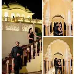 A glamorous night shoot for Harshil and Nishika at a resort. The building's beautiful lighting provides a sophisticated and elegant backdrop.