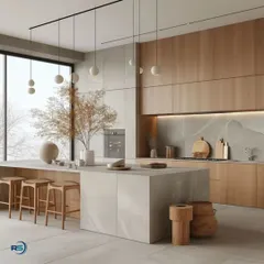 This spacious kitchen design uses natural wood-finish cabinets and a large island with a stone countertop. The open layout and large window create a bright and airy atmosphere, perfect for cooking and socializing.