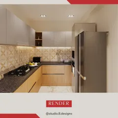 A functional and stylish kitchen concept in 3D, featuring a dual-tone cabinet system, patterned backsplash, and efficient L-shaped layout.