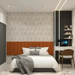 This compact bedroom combines style and function with an upholstered orange headboard and integrated side desk. The sliding wardrobe with a mirrored panel makes the room feel larger, while the vertical wall slats add a modern design element.