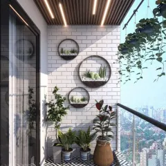 A bright and sunny balcony featuring a white brick wall adorned with circular wall planters. This design choice adds a playful and artistic touch, complemented by hanging vines and patterned floor tiles for a fresh, modern look.