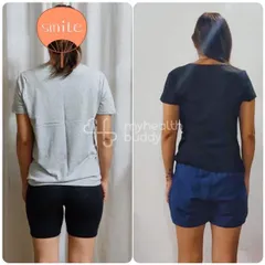 The back view also shows improved posture and a stronger core, which are key benefits of a proper postpartum recovery plan.