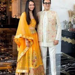 I love working with pastels for sun-soaked rituals like the Haldi. For Nishit, I designed this embroidered bundi jacket over a simple kurta to create a look that was festive, comfortable, and effortlessly stylish.