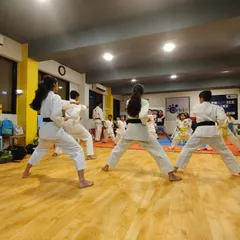 A view of our senior students demonstrating advanced kata forms during a training session. The focus is on precision, power, and posture, key elements of the Karate Budokan International style we teach.