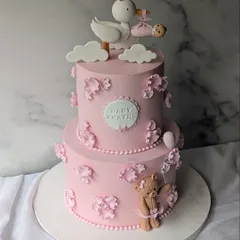A classic pink baby shower cake. This two-tier design features a stork delivering a baby, a teddy bear, and delicate floral details.