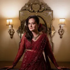 An elegant portrait of a woman in a stunning red lehenga. The lighting is carefully crafted to create a sophisticated, almost painterly look, highlighting the rich color and texture of her outfit.