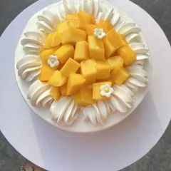 Our Mango Delight cake, featuring a light vanilla sponge soaked in mango milk and layered with the freshest Safeda mangoes and a lightly sweetened vanilla Chantilly cream.