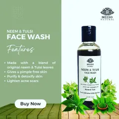 This is my Neem & Tulsi Face Wash, specially formulated for oily and combination skin. It uses the natural purifying properties of original neem and tulsi leaves to deeply cleanse, help prevent pimples, and lighten acne scars for clearer skin.