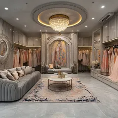 I believe a brand's story should be told through its space. For this high-end fashion studio, I created a luxury experience with a blend of classic and modern elements, from the grand crystal chandelier to the soft, inviting color palette, making it a truly aspirational retail destination.