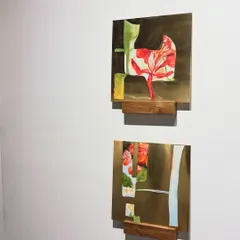 Part of the 'Mapping Memories' series, these mixed-media works on brass explore the nature of memory. The reflective surface and abstract forms create a dialogue between the seen and the remembered.