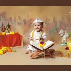 "Vithal Mauli." A beautiful setup for Ashadhi Ekadashi, with a baby dressed as a little warkari, complete with a Gandhi topi and traditional elements.