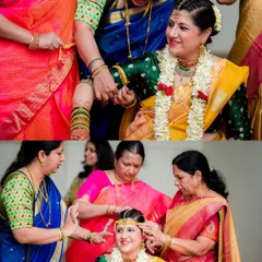 The bride's lively brigade helping her get ready. These moments of friendship and support are a beautiful part of the wedding story.
