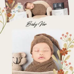 A collage showing two classic newborn poses. One swaddled and sleeping in a tiny armchair, and a close-up of his peaceful face with a cute knitted hat and teddy bear.
