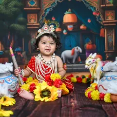 Dressing up your little one as Krishna is one of my most requested themes, especially for Janmashtami. I love creating these vibrant, detailed setups to celebrate our culture and create a memory you'll treasure forever.