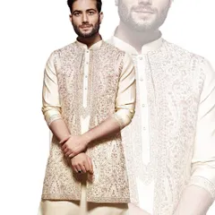 This ivory ensemble features a beautifully embroidered open jacket over a classic kurta. We designed it for celebrations that call for a blend of traditional artistry and sophisticated layering.