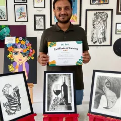 Here is one of our recent graduates from the Sketching Short Term Course, proudly displaying his final artworks. In just 8 weeks, he mastered graphite techniques to create these three incredible, framed pieces.
