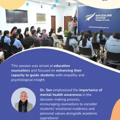 This session with education counsellors, in collaboration with New Zealand Education, focused on enhancing their capacity to guide students with empathy and psychological insight. Dr. Sen emphasized mental health awareness in the decision-making process.
