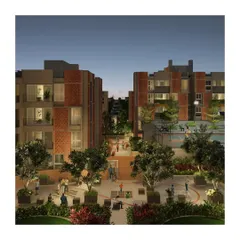 This perspective shows the human scale of the 'Weaving a Fabric' community. The design prioritizes pedestrian-friendly spaces, with gardens and recreational areas interspersed between the residential blocks to encourage social interaction.