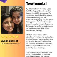This parent testimonial highlights the confidence boost her child received from my classes. She praises the engaging curriculum and screen-free approach for building a strong foundation in logic, problem-solving, and creativity.