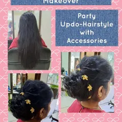 A beautiful party updo with a textured, low bun. The style is decorated with delicate golden leaf accessories, adding a touch of nature-inspired elegance.