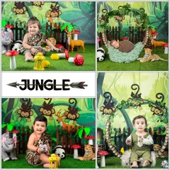A collage of my jungle theme, suitable for both newborns and toddlers. We have friendly animal props and a lush green backdrop for a wild adventure.