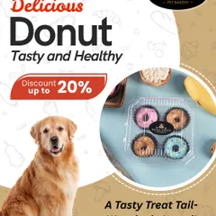 A tasty treat that's tail-waggingly loved! This golden retriever is all smiles for my delicious and healthy doggy donuts. They come in a pack of four with fun, colorful, pet-safe frosting.